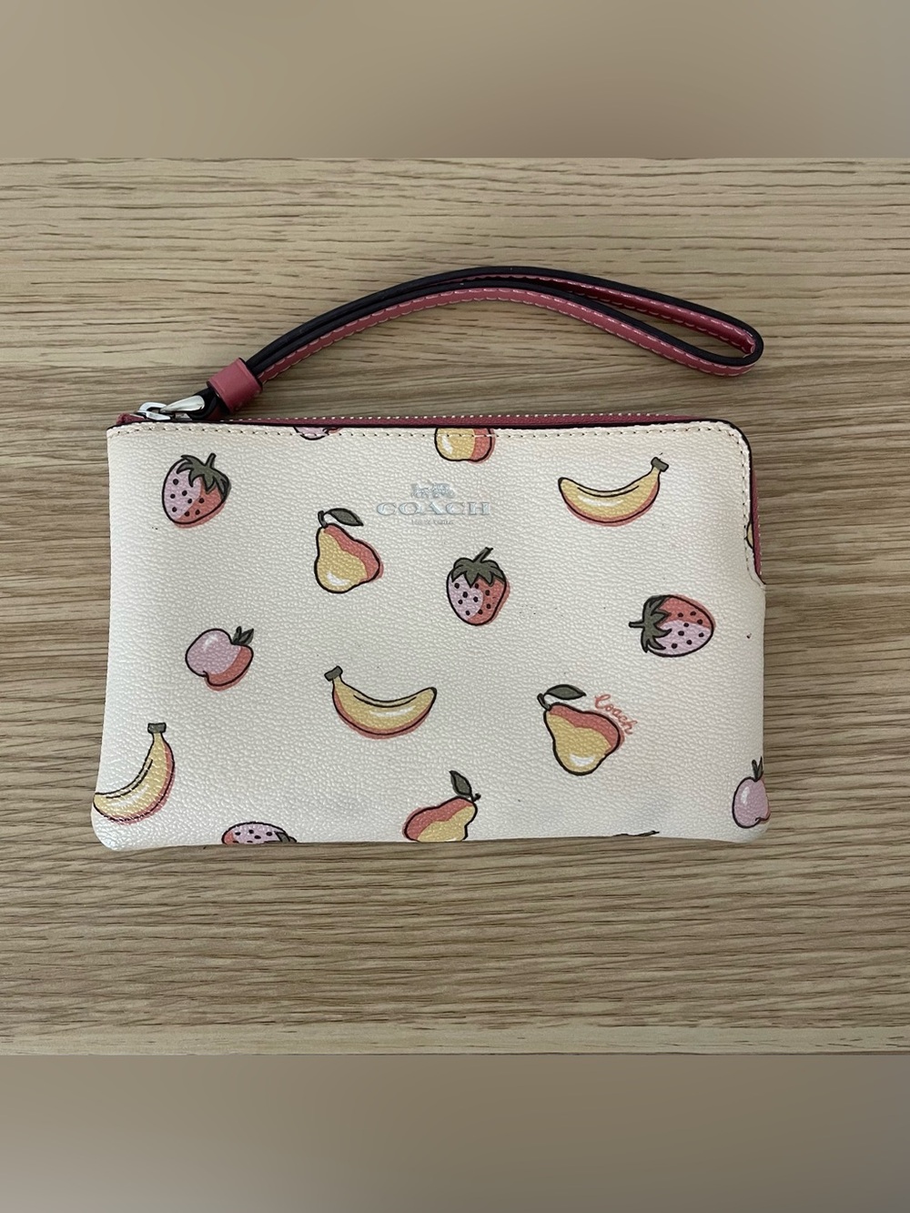 Coach Peach Fruit Print Leather Wristlet - Cream, Pink, Yellow